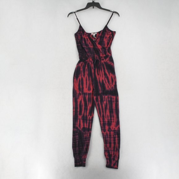Sundry Jogger Jumpsuit Women V-Neck Sleeveless Tie Dye Drawstring Waist Red Navy - Picture 3 of 8